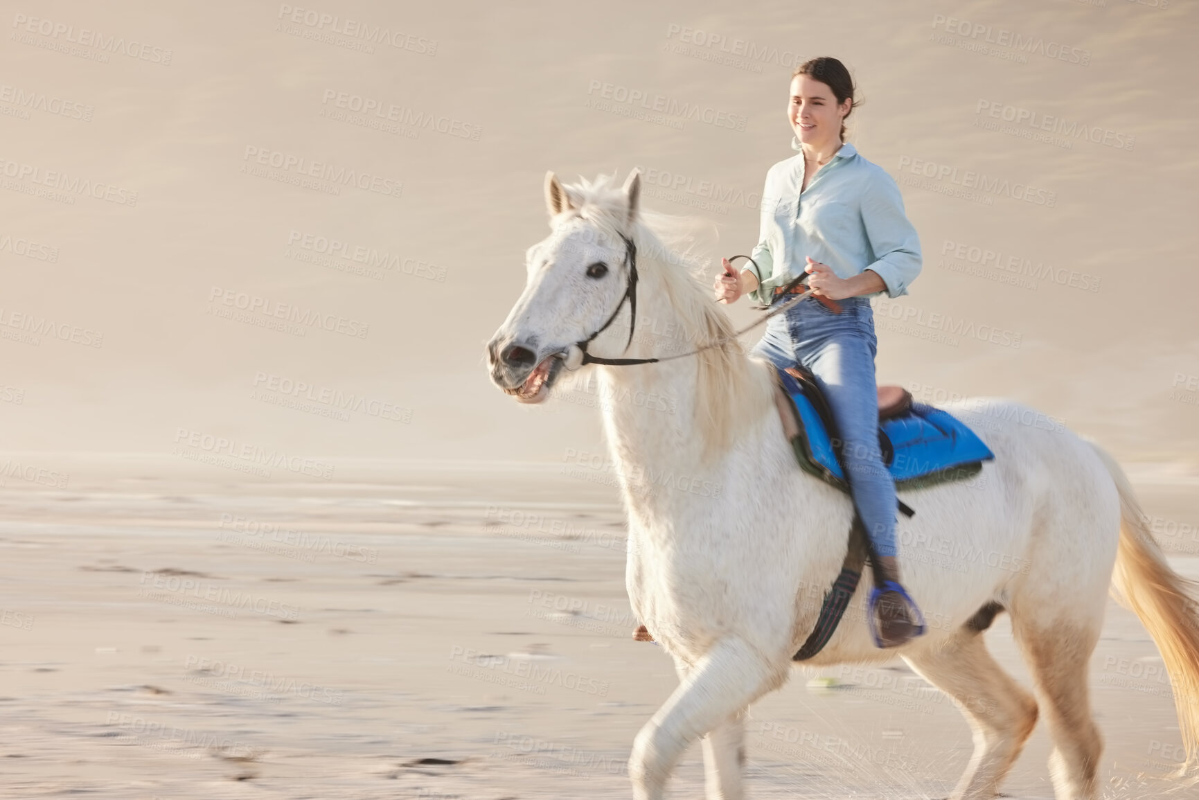 Buy stock photo Horse riding, mockup and woman on outdoor with animal as jockey for happiness, joy and sand as hobby. Equestrian, smile and happy person or rider with sport on vacation or nature holiday with peace