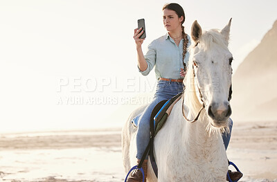 Horse riding, phone and woman on beach with pet for travel using social media, website and web for chatting. Texting, picture and person or rider with animal on vacation or holiday at sunrise