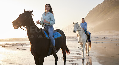 Buy stock photo Woman, happy and horse riding with face at beach for bond, activity or self care on holiday. Female, friends or people on vacation by travel for relaxing, health or love at shore, mountains and sport