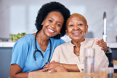 Buy stock photo Portrait, smile and assisted living caregiver with an old woman in a retirement home together. Healthcare, support or community with a happy nurse or volunteer and senior patient hugging in a house