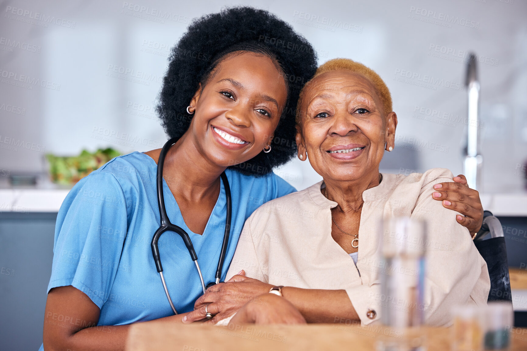 Buy stock photo Portrait, smile and assisted living caregiver with an old woman in a retirement home together. Healthcare, support or community with a happy nurse or volunteer and senior patient hugging in a house