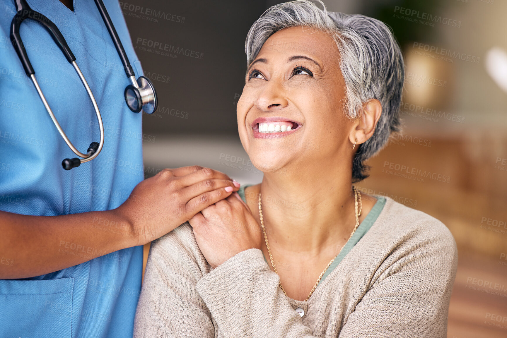 Buy stock photo Nurse, senior woman and smile with comfort, holding hands or support in nursing home for retirement. Doctor, medic or caregiver with kindness, empathy or gratitude for help, trust or service in house