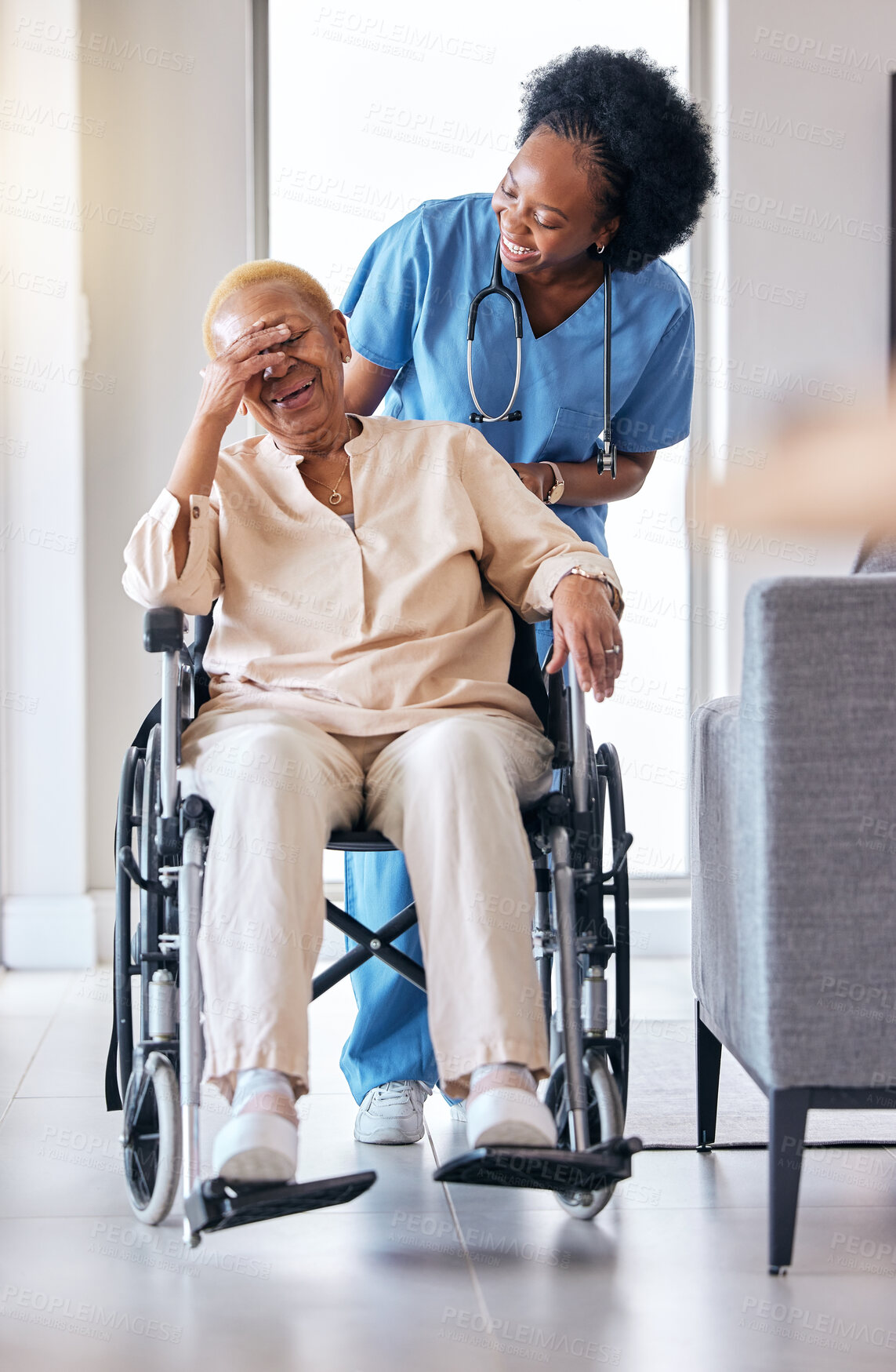 Buy stock photo Nurse, senior woman and laugh with wheelchair, walk and care for rehabilitation, healthcare and chat. Caregiver, nursing home and elderly person with disability, recovery or funny talk in retirement