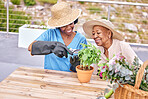 Senior woman, gardening and nurse help in home patio with support, care and plant. Healthcare, retirement and nursing outdoor with happy elderly female person with a smile from basil herb wellness 