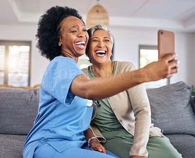 Buy stock photo Selfie, phone and assisted living caregiver with an old woman in the living room of a home together. Social media, support or community with a happy nurse or volunteer and senior patient in a house