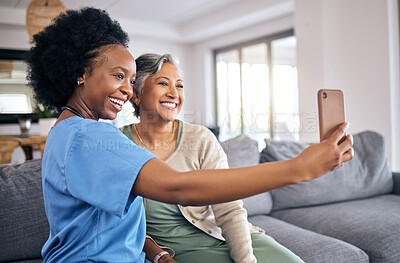 Buy stock photo Selfie, phone and assisted living nurse with an old woman in the home living room together. Profile picture, support or community with a happy caregiver or volunteer and senior patient in a house