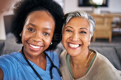 Buy stock photo Selfie, smile and assisted living caregiver with an old woman in the living room of a home together. Portrait, support or community with a happy nurse or volunteer and senior patient in a house