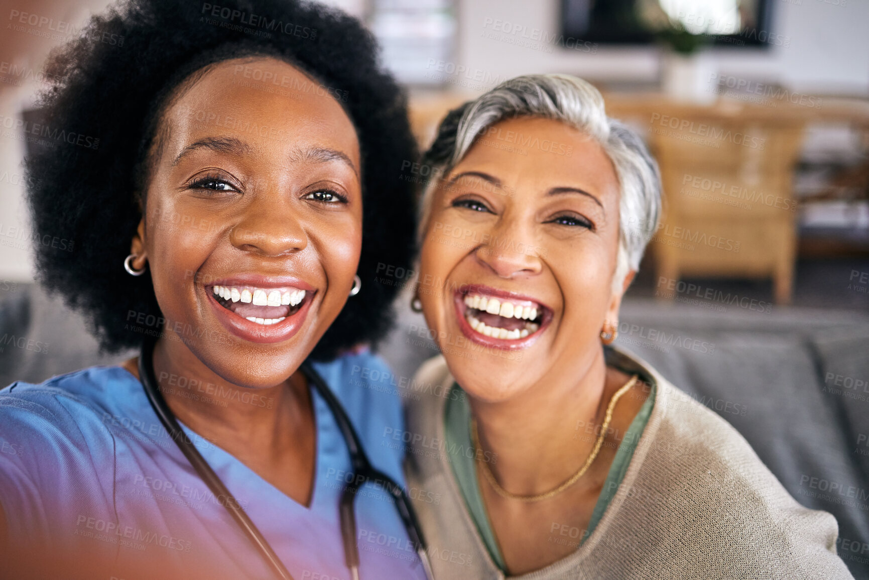 Buy stock photo Selfie, face and assisted living caregiver with an old woman in the living room of a home together. Portrait, smile or support with a happy nurse or medical volunteer and senior patient in a house