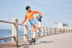 Roller skate, stretching and space with a girl at the promenade on a blue sky background for the weekend. Fitness, beach and balance with a young person skating outdoor during summer on banner mockup