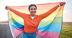 Woman, portrait and rainbow pride flag with smile outdoor for peace, equality and community support. Queer lgbtq person, sexuality and human rights to respect freedom happiness, identity or inclusion