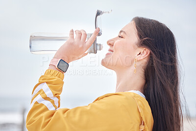 Buy stock photo Happy woman, drinking water and outdoor with bottle to relax, rest and detox body in training, exercise or running. Drink, liquid and healthy hydration in summer morning with athlete and self care 