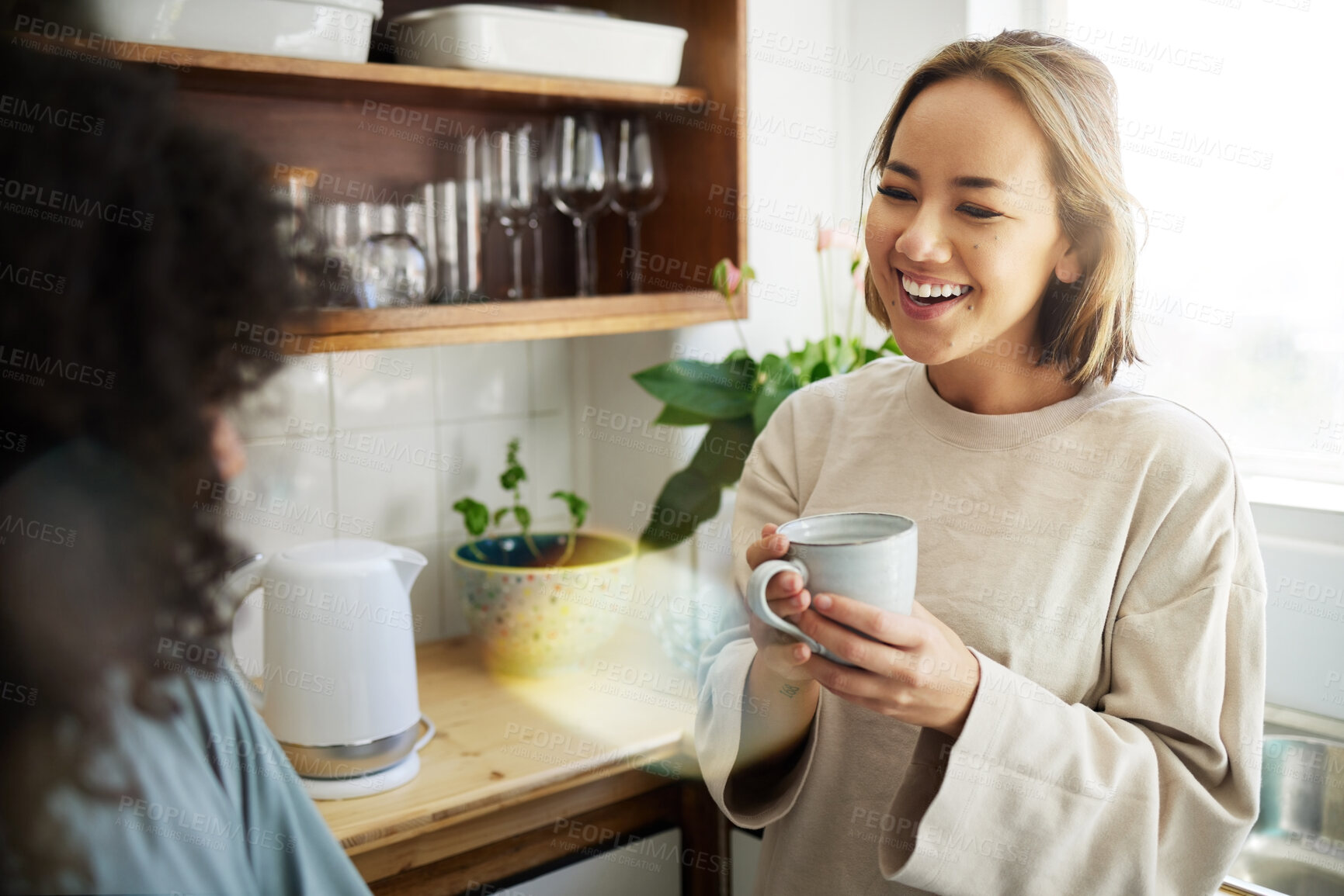 Buy stock photo Coffee, smile and lesbian couple talking in home, bonding or communication. Drink tea, gay women and happy girls in the morning at breakfast together in healthy LGBT relationship, funny and excited
