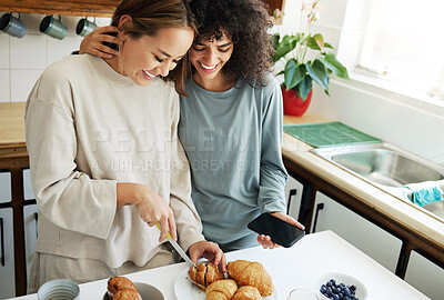 Buy stock photo Lgbt, couple and cooking breakfast in kitchen together in morning with nutrition, love and support in home. Lesbian, women or friends with food, juice and preparing healthy diet on counter in house