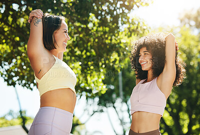 Buy stock photo Fitness, outdoor and friends stretching together for workout, exercise and wellness in a park for health in nature. Smile, happy and women training in summer ready for morning sports or warm up