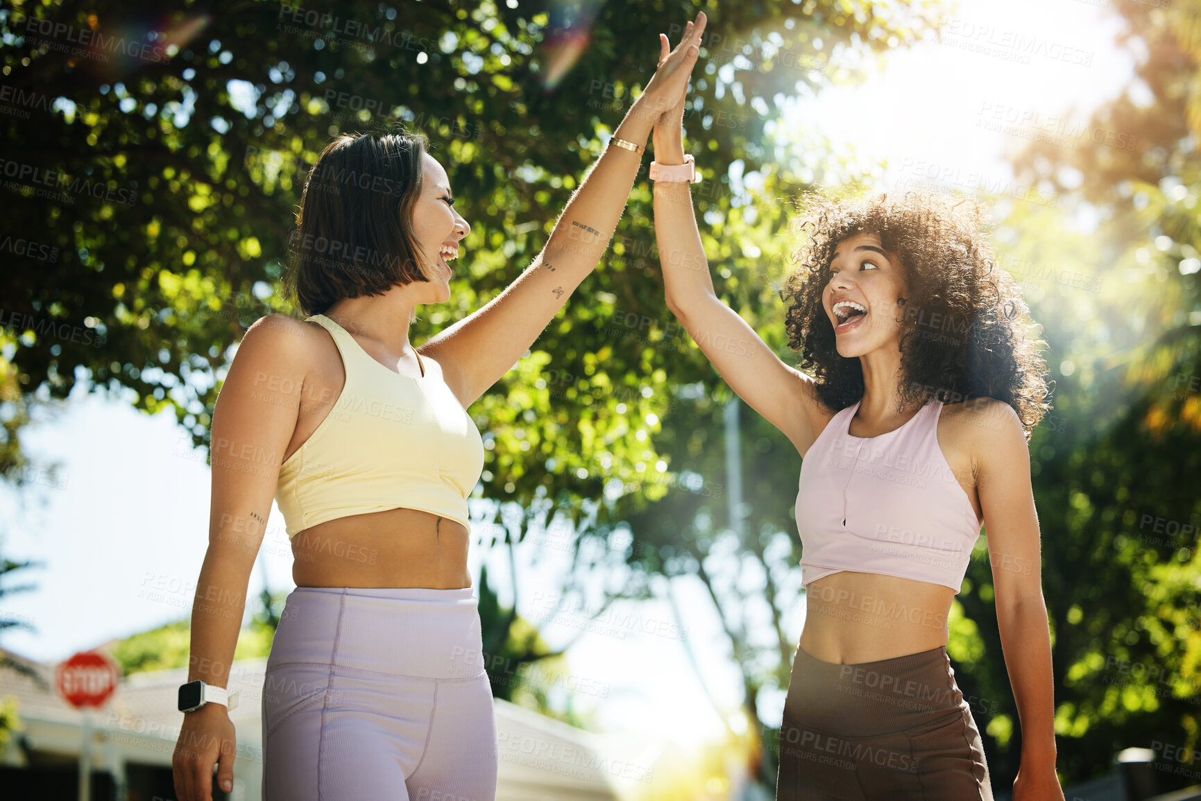 Buy stock photo High five, yoga for fitness and woman friends outdoor together for success, support or motivation. Exercise, teamwork and partnership with young people in celebration as a winner for wellness