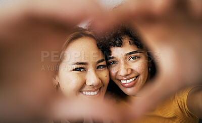 Buy stock photo Lesbian couple, smile and heart with hands, portrait and closeup for romance, bonding and love and support for relationship. Happy people, together and solidarity for pride, lgbtq and hope for peace