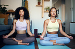 Women, friends and yoga at home for wellness, workout or exercise while sitting for peace, calm or zen. Diverse group, people and meditation with bond, fitness and goal by together in motivation 