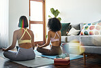 Yoga, meditation and friends in yoga online class in home, living room or lounge or streaming exercise and workout. Healthy, fitness and training with holistic sport or for zen, wellness and peace