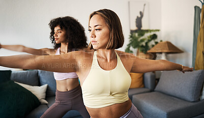 Buy stock photo Stretching, fitness and girl friends doing yoga exercise in the living room for health and wellness. Meditation, self care and young women doing pilates workout together in lounge of modern apartment