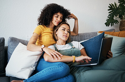 Buy stock photo Lgbtq, laptop and women relax on sofa for watching movies, streaming series and online videos. Dating, lesbian and happy couple on computer for internet, bonding and relationship in living room