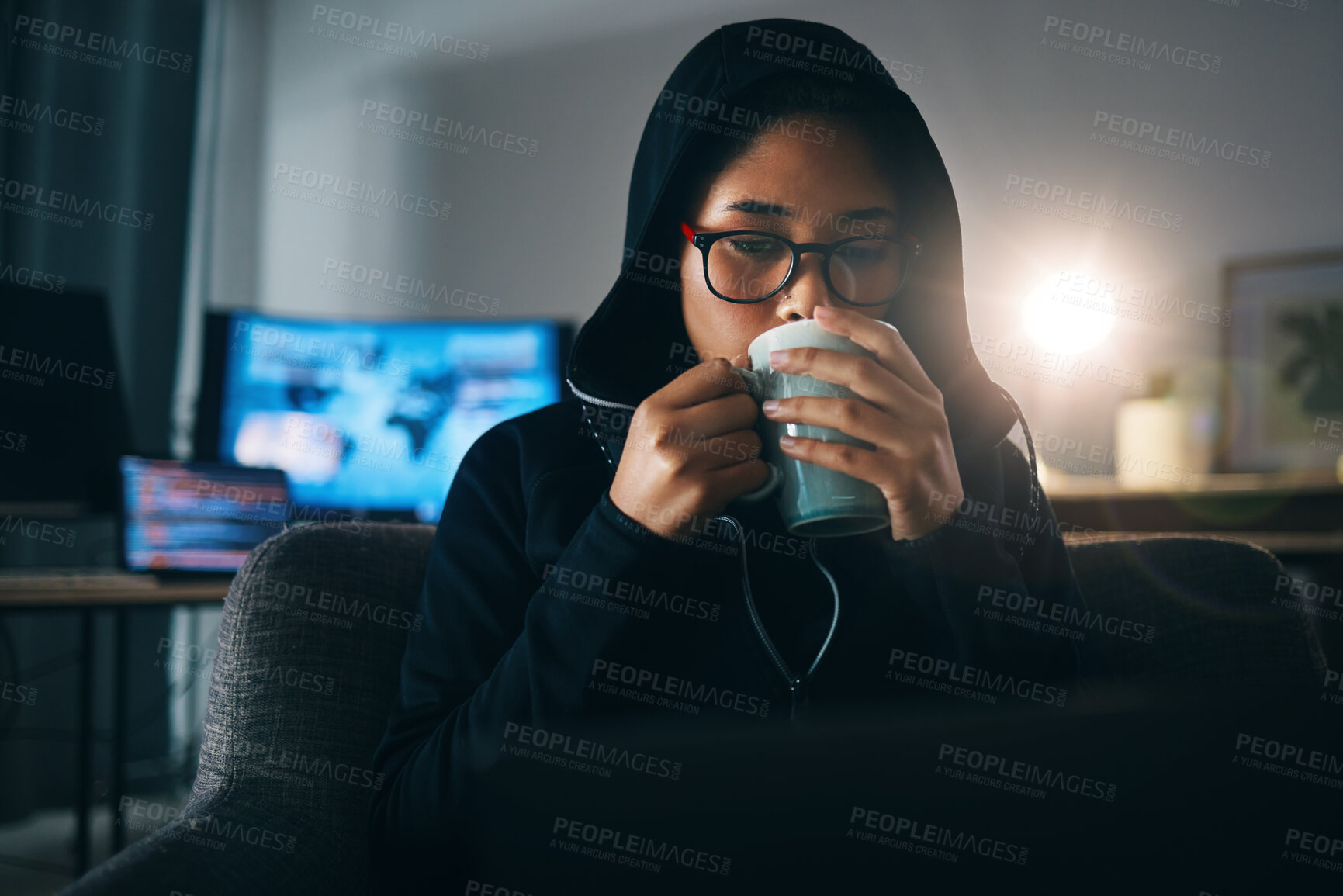 Buy stock photo Hacker woman, coffee and night for coding, thinking and ideas for cybersecurity, data phishing and ransomware. Programmer, dark room and sofa to drink matcha for it scam, software or research on web