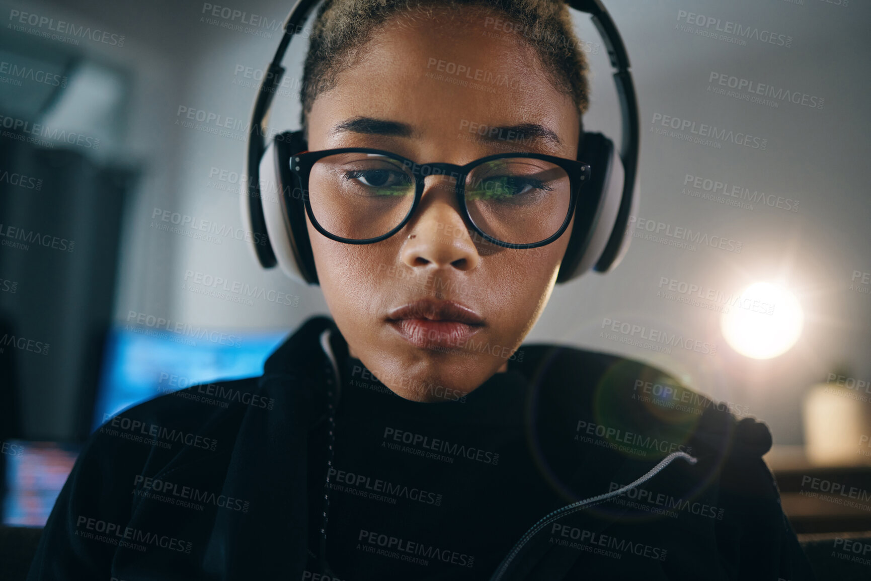Buy stock photo Hacker woman, thinking and night for coding, headphones or idea for cybersecurity, data phishing or ransomware app. Programmer, dark room and brainstorming for it scam, software and research on web