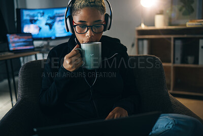 Buy stock photo Hacker woman, coffee and night on laptop, thinking and ideas for cybersecurity, data phishing and ransomware. Programmer, dark room and sofa to drink matcha for it scam, software and coding research