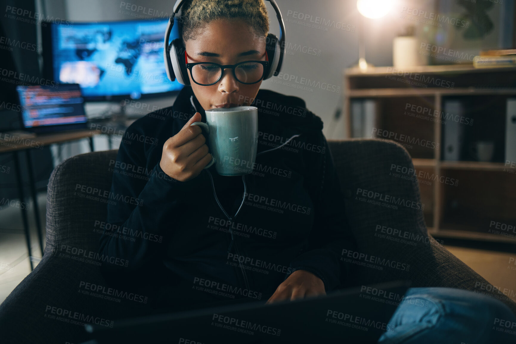 Buy stock photo Hacker woman, coffee and night on laptop, thinking and ideas for cybersecurity, data phishing and ransomware. Programmer, dark room and sofa to drink matcha for it scam, software and coding research