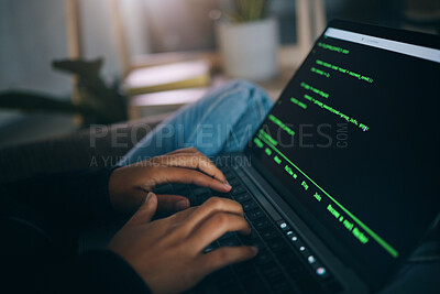 Buy stock photo Developer hands, code overlay and laptop typing with cybersecurity, hacker and data analysis. Person, programmer and computer work with firewall system hacking and algorithm writing for malware 