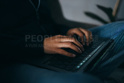 Buy stock photo Hacker, hands typing on laptop and information technology for coding and database with phishing and cyber crime. Cybersecurity, person programming or hacking, criminal with ransomware and firewall