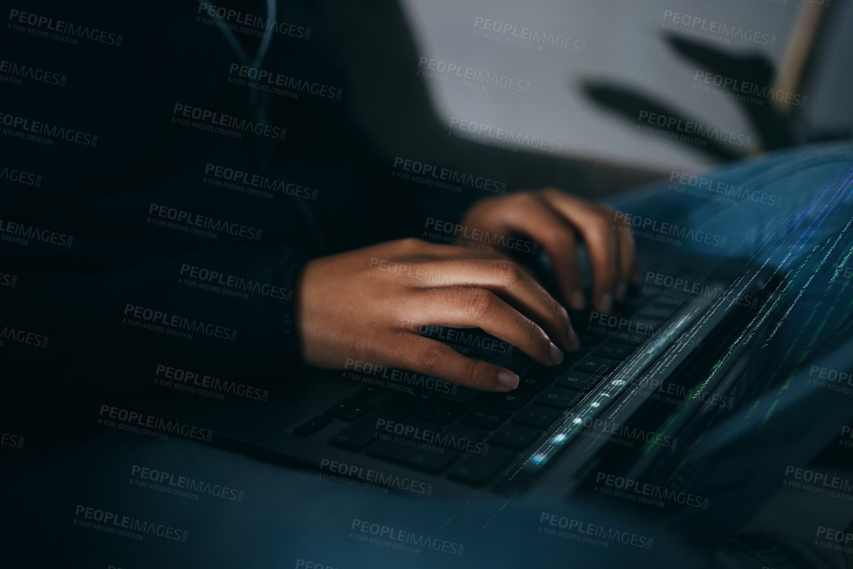 Buy stock photo Hacker, hands typing on laptop and information technology for coding and database with phishing and cyber crime. Cybersecurity, person programming or hacking, criminal with ransomware and firewall