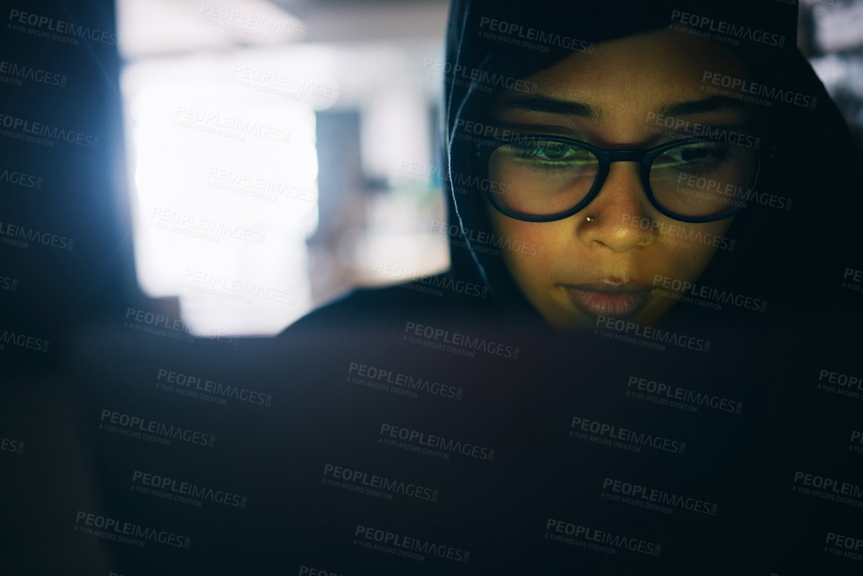 Buy stock photo Hacker, woman and face with laptop, information technology for coding and database with phishing and cyber crime. Cybersecurity, programming or hacking, criminal with pc for ransomware and firewall