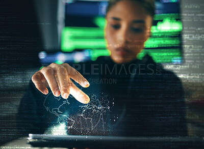 Buy stock photo Hacker, woman and hand with global network hologram, information technology and database with digital transformation. Cybersecurity, programming or hacking, 3D globe and system with coding overlay