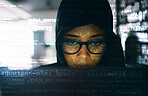 Hacker, woman and laptop with code and hologram, information technology and programming with database. Ransomware, malware or virus, hacking global network and cyber crime with cybersecurity and spy