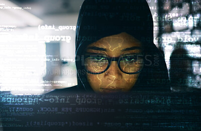 Buy stock photo Hacker, woman and laptop with code and hologram, information technology and programming with database. Ransomware, malware or virus, hacking global network and cyber crime with cybersecurity and spy