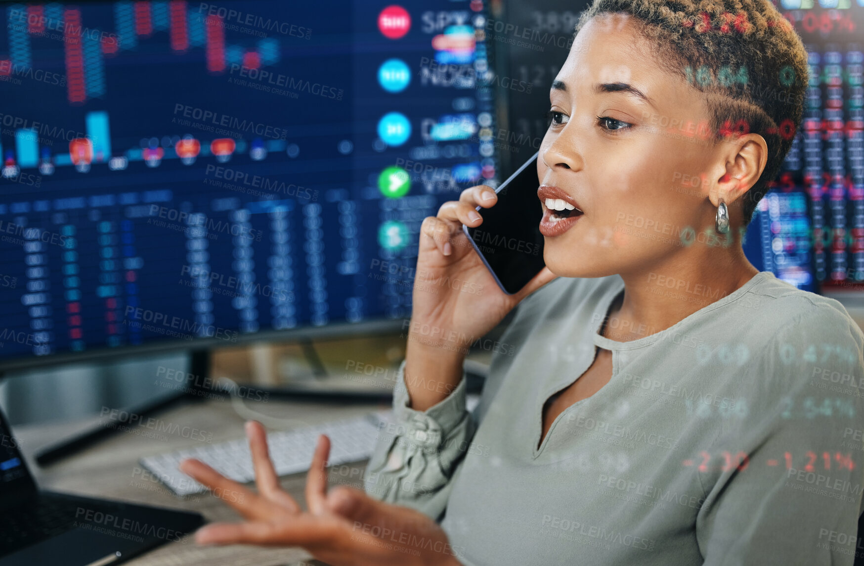 Buy stock photo Woman, phone with data overlay and computer for crypto trading, networking or investment in cyber stocks. Nft, financial advisor or broker on cellphone for advice on profit, market info or statistics