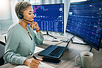 Woman, online trading and callcenter, computer screen and finance with advice, investment and communication. Headset, mic and phone call with laptop, consultant at desk with stock market dashboard
