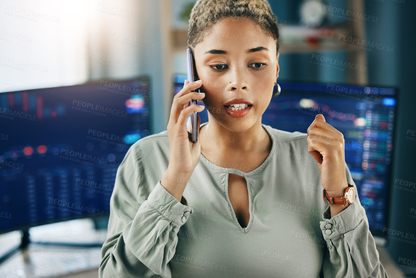 Buy stock photo Business woman, phone call and stock market on computer screen with talk, stats and numbers in office. Trader, chat and smartphone with financial review, analysis or crypto with question on investing