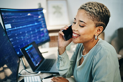 Buy stock photo Woman, computer and statistics in office with smile for finance data, stock market growth or trading. Female, phone call and laptop for investment or online future saving business, economy or happy