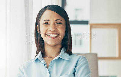 Buy stock photo Portrait, smile and business woman in office, startup company and workplace for creative career. Face, happy professional entrepreneur and confident designer, female employee and worker in Brazil