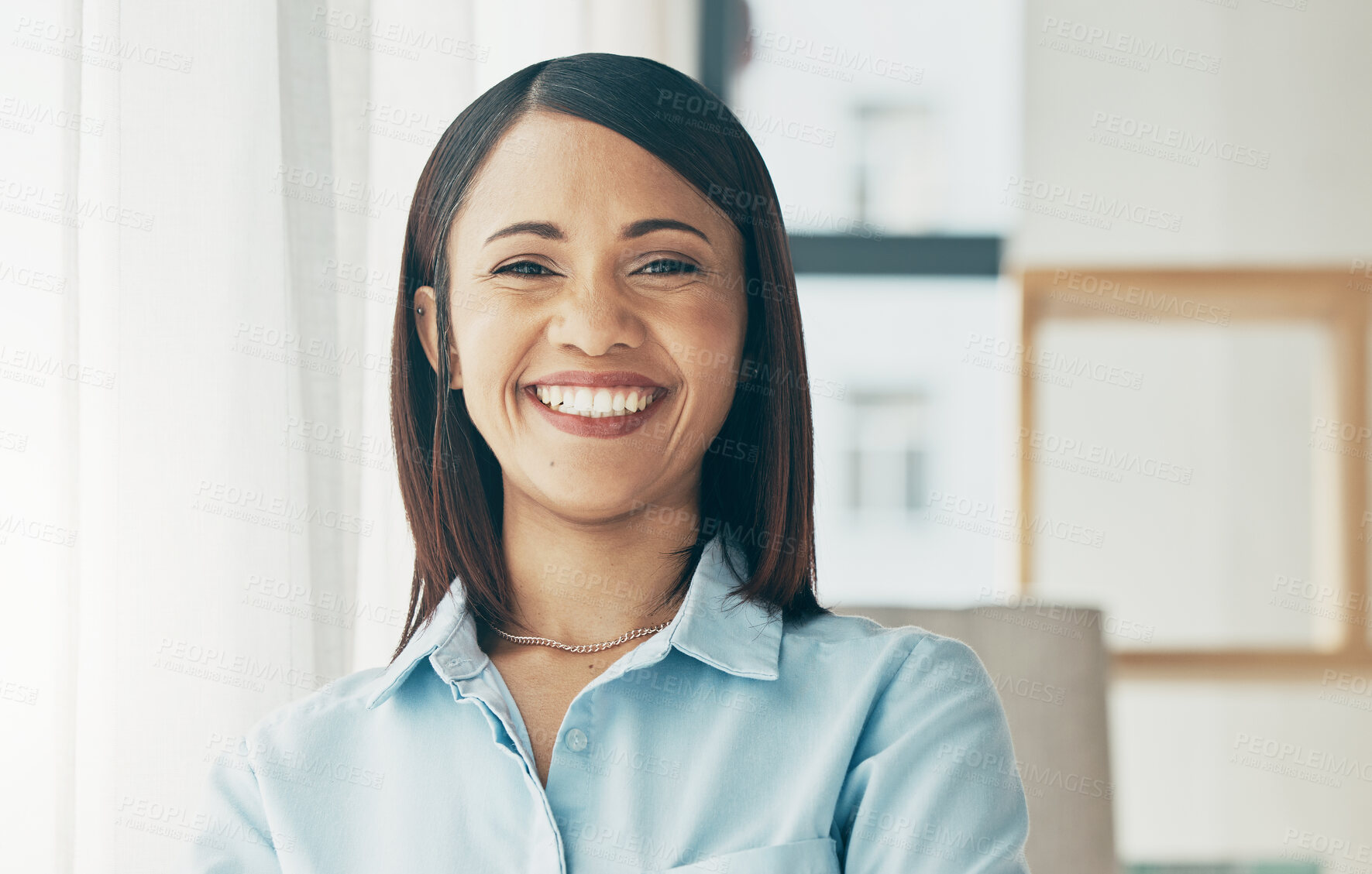 Buy stock photo Portrait, smile and business woman in office, startup company and workplace for creative career. Face, happy professional entrepreneur and confident designer, female employee and worker in Brazil