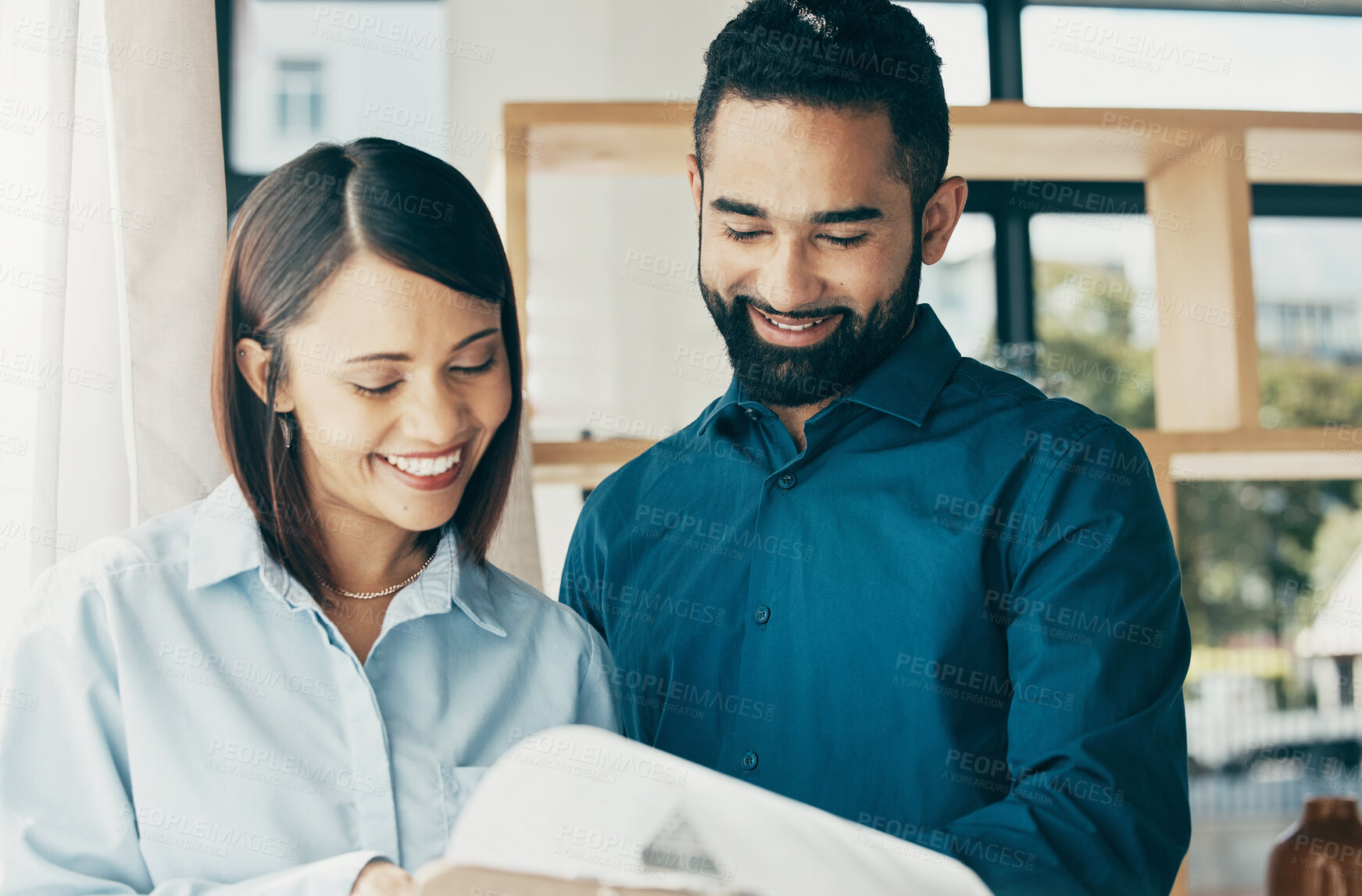 Buy stock photo Business people, smile and clipboard for collaboration, partnership or project management in office. Professional. man and woman with documents or paperwork for meeting or recruitment at workplace