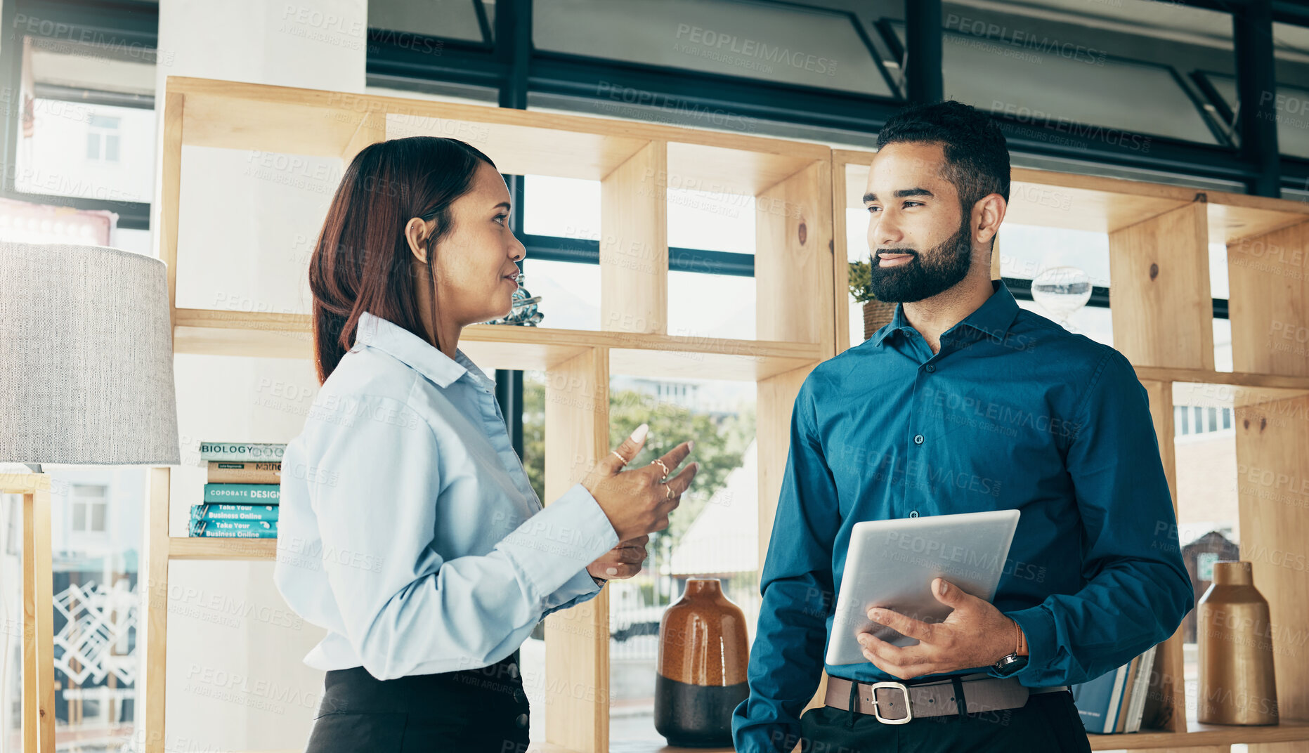 Buy stock photo Business people, smile and tablet with communication for meeting, collaboration and partnership in office. Professional, man and woman with touchscreen or discussion for recruitment at workplace