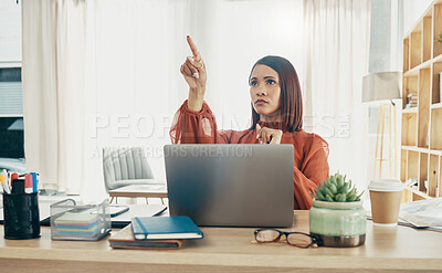 Buy stock photo Pointing, invisible screen and business woman in office for user interface, 3d hologram and ux mockup. Futuristic, corporate and person at desk with hands for research, online website or digital tech