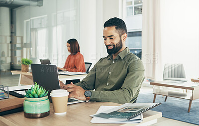 Buy stock photo Happy businessman in home office, coworking with woman and working together at planning startup strategy online. Small business, couple at desk with laptop and research on website at digital agency.