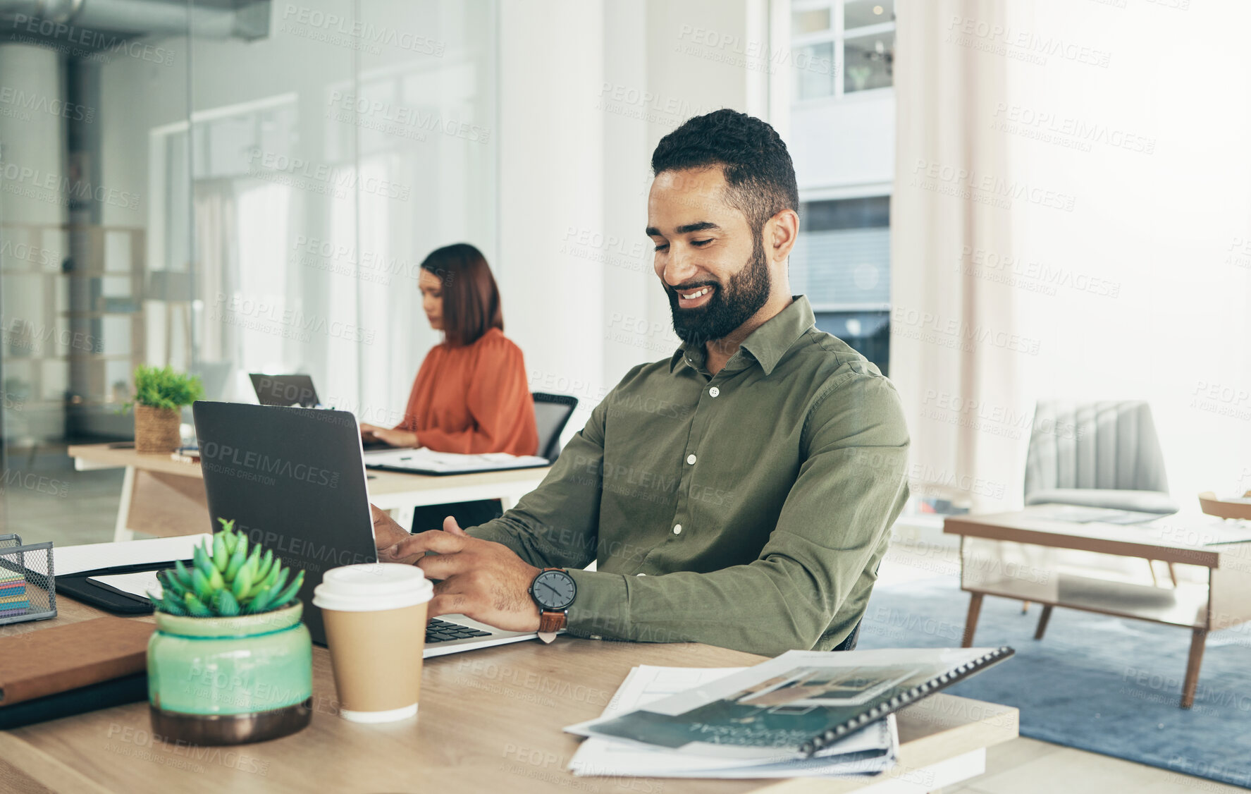 Buy stock photo Happy businessman in home office, coworking with woman and working together at planning startup strategy online. Small business, couple at desk with laptop and research on website at digital agency.