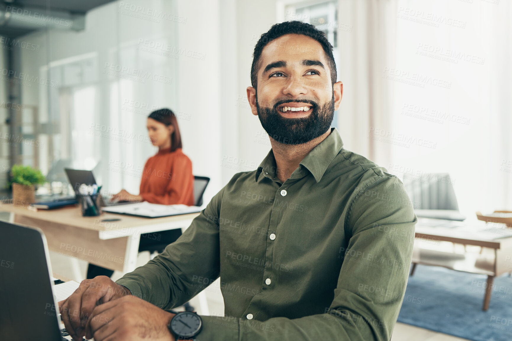 Buy stock photo Business, thinking and man with a laptop, planning and problem solving with ideas, smile and creativity. Happy person, employee and entrepreneur with solution, decision and choice with brainstorming