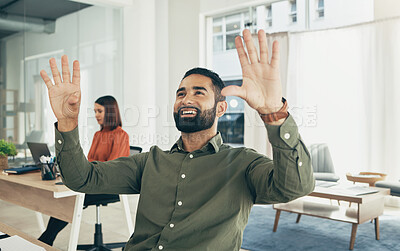 Buy stock photo Working, invisible screen and hands of man in office for futuristic programming, technology or ux or code. Virtual, hologram or businessman with 3d, ui or vr dashboard in workplace for ai innovation