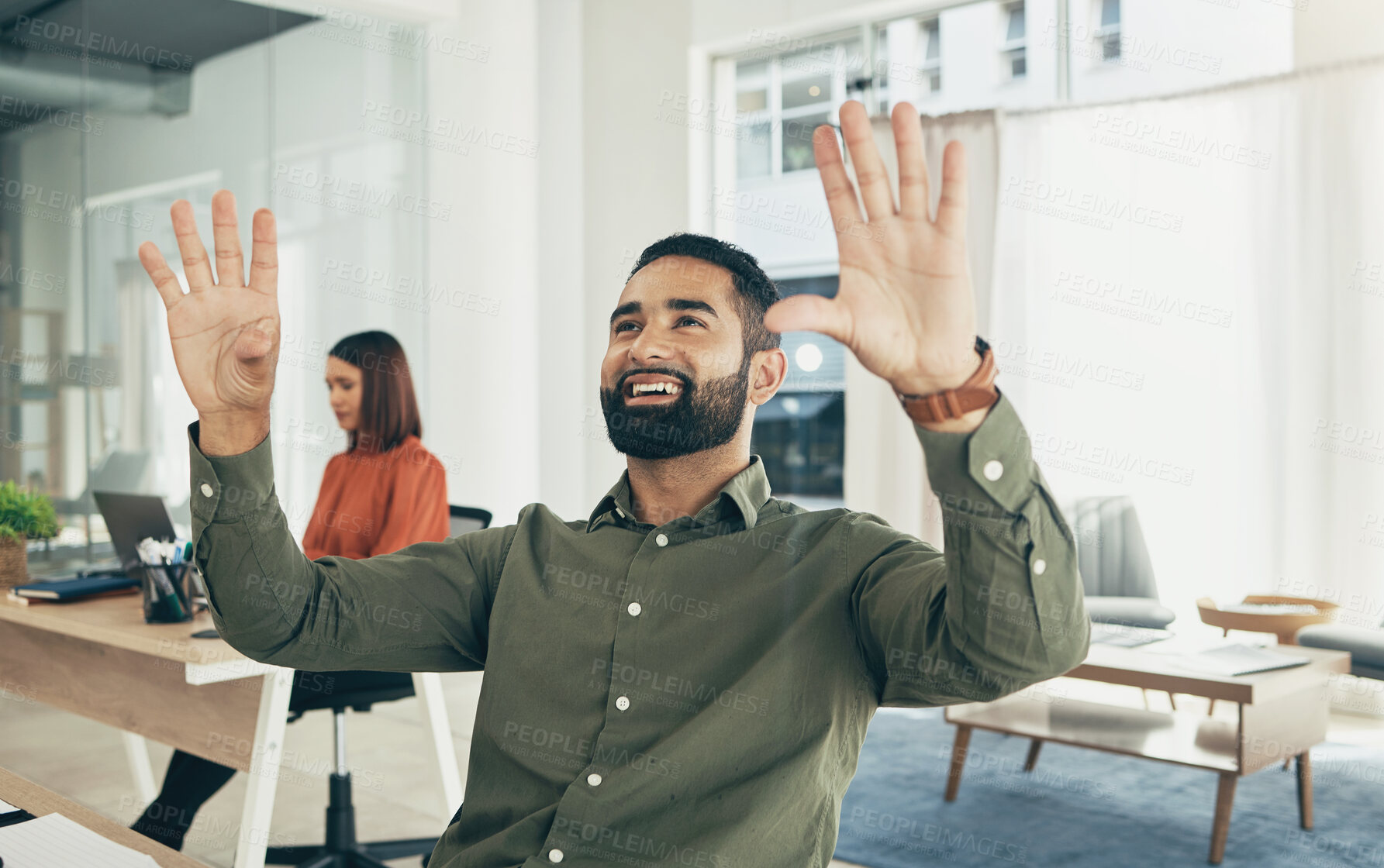 Buy stock photo Working, invisible screen and hands of man in office for futuristic programming, technology or ux or code. Virtual, hologram or businessman with 3d, ui or vr dashboard in workplace for ai innovation