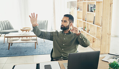 Buy stock photo Man, office and hand up to ask for information, feedback and training with manager for project. Mexican man, communication and mentor with faq, professional knowledge and discussion on strategy plan